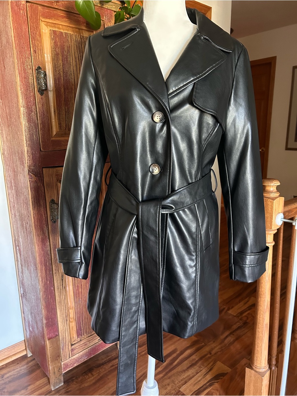 Sanctuary Black Faux Leather Belted Trench Coat
